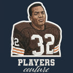 Jim Brown Badge Men's Hoodie – brown close-up detail shot of the Jim Brown Players Couture logo design