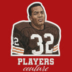 Jim Brown Badge Men's Hoodie – brown close-up detail shot of the Jim Brown Players Couture logo design