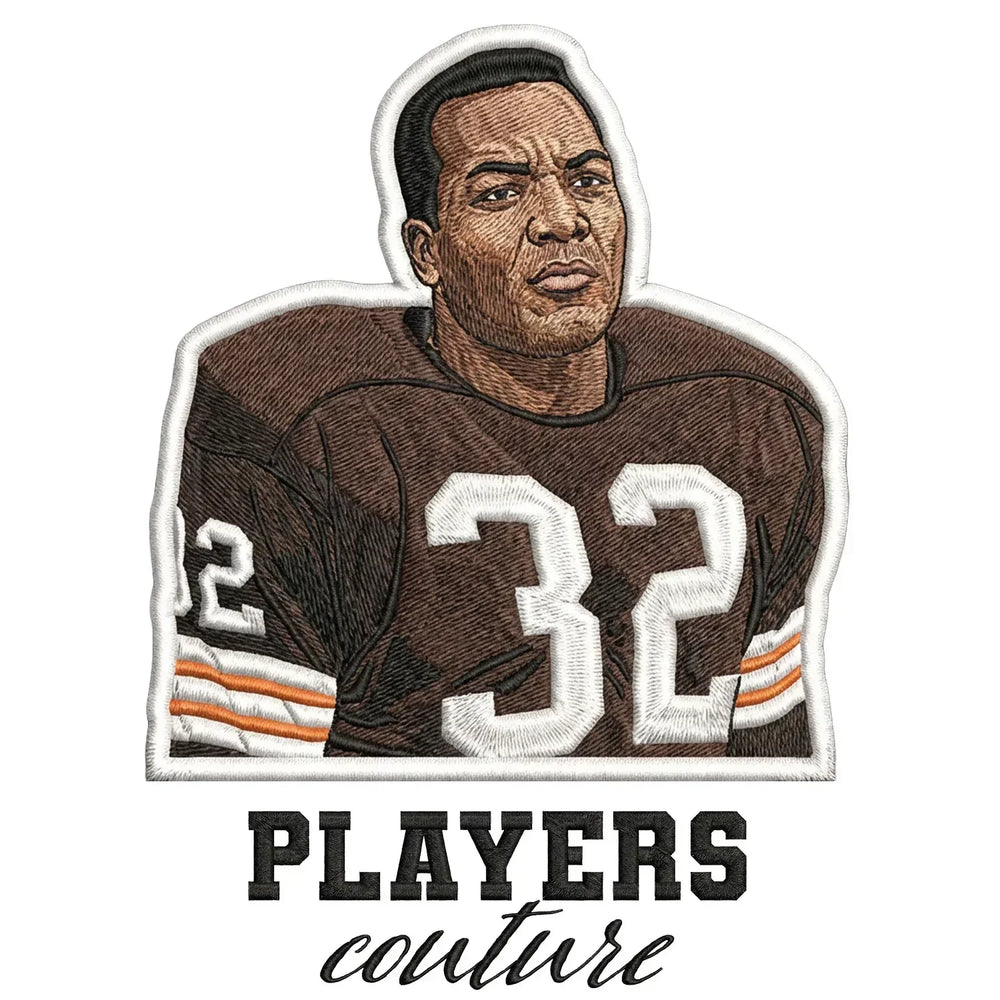 Jim Brown Badge Men's Hoodie – brown close-up detail shot of the Jim Brown Players Couture logo design