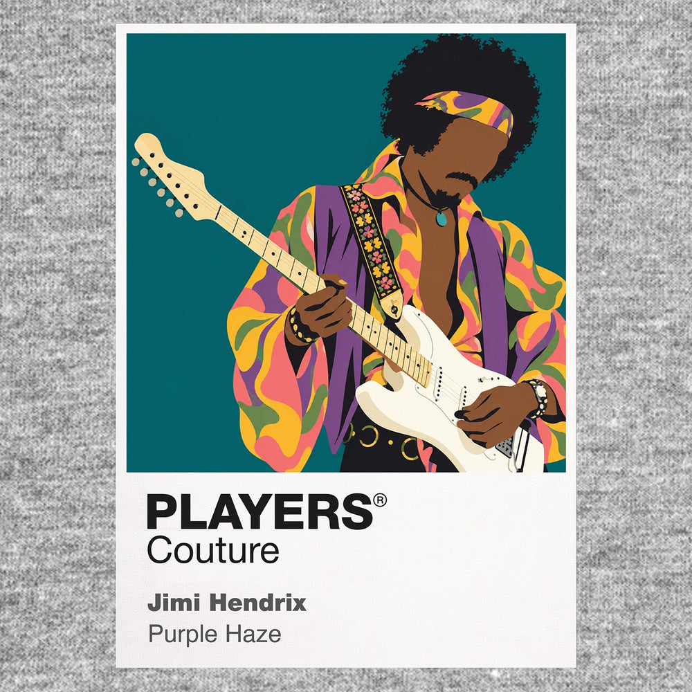 Jimi Hendrix Jimi Hendrix's guitar angle, vivid clothing and unmistakable stage silhouette Icon Frame artwork in grey