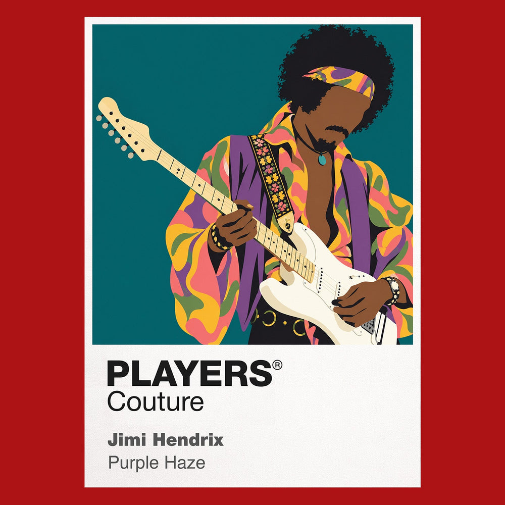 Jimi Hendrix the fashion, instrument and movement that made Hendrix instantly recognisable Icon Frame artwork in red