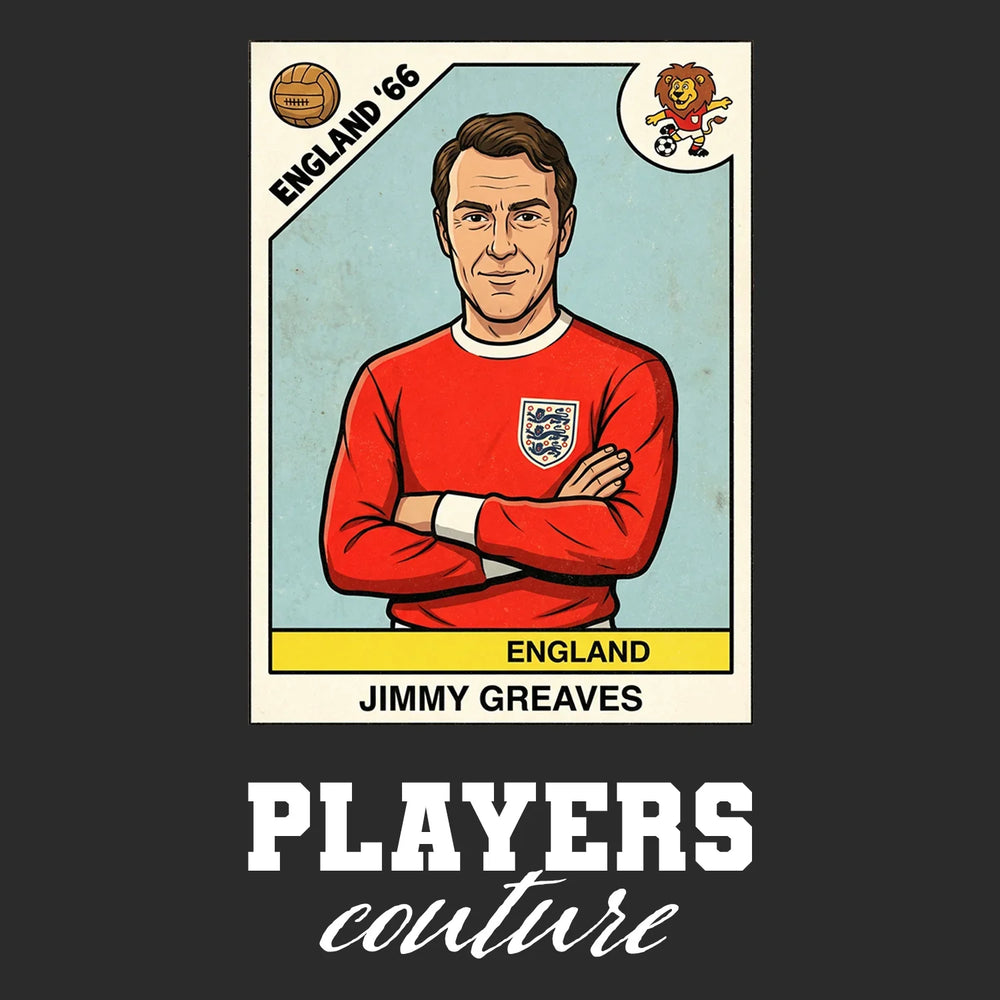 Jimmy Greaves World Cup Sticker Men's T-Shirt – black close-up detail shot of the Jimmy Greaves World Cup Players Couture