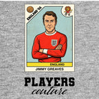 Jimmy Greaves World Cup Sticker Men's T-Shirt – grey close-up detail shot of the Jimmy Greaves World Cup Players Couture