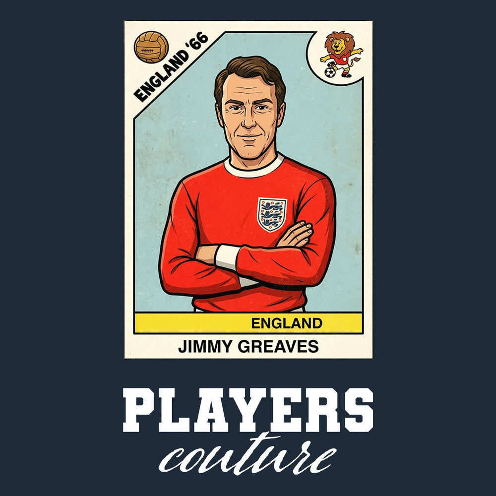 Jimmy Greaves World Cup Sticker Men's T-Shirt – navy close-up detail shot of the Jimmy Greaves World Cup Players Couture