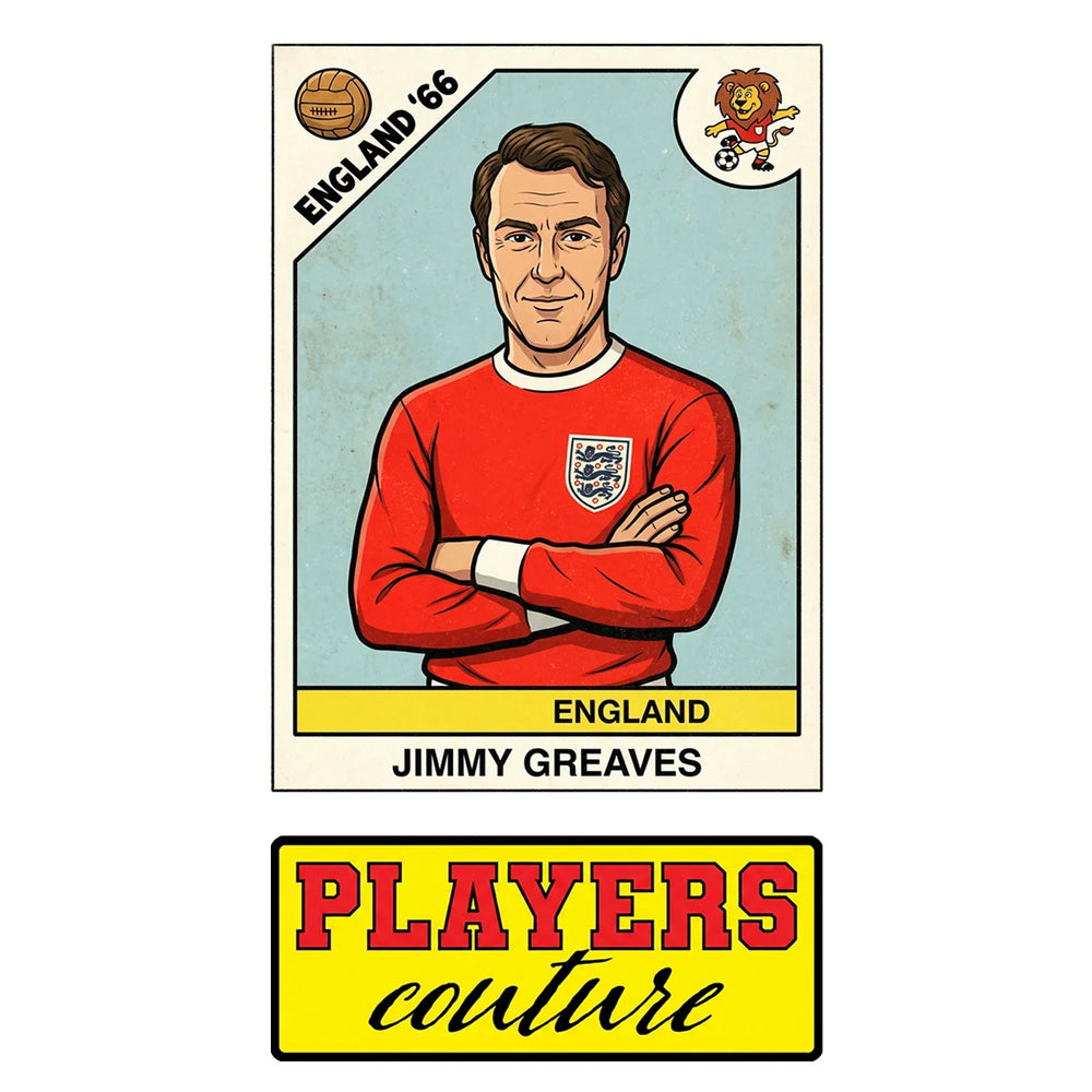 Jimmy Greaves World Cup Sticker Men's T-Shirt – close-up detail shot of the Jimmy Greaves World Cup Players Couture logo