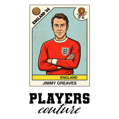 Jimmy Greaves World Cup Sticker Men's T-Shirt – white close-up detail shot of the Jimmy Greaves Players Couture logo design