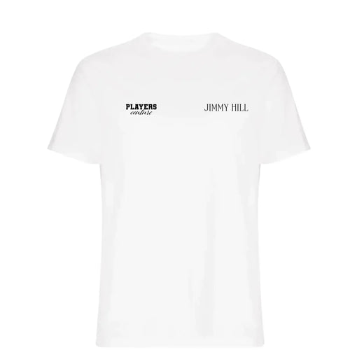 Jimmy Hill t-shirt – white men's t-shirt featuring the Jimmy Hill Players Couture logo