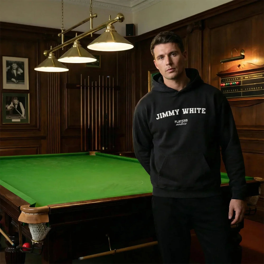 Jimmy White hoodie – navy men's hoodie with white Jimmy White letters and Players Couture logo on the chest
