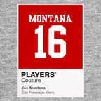 Joe Montana 16 Jersey Frame Men's T-Shirt – grey close-up detail shot of the Joe Montana 16 Players Couture logo design