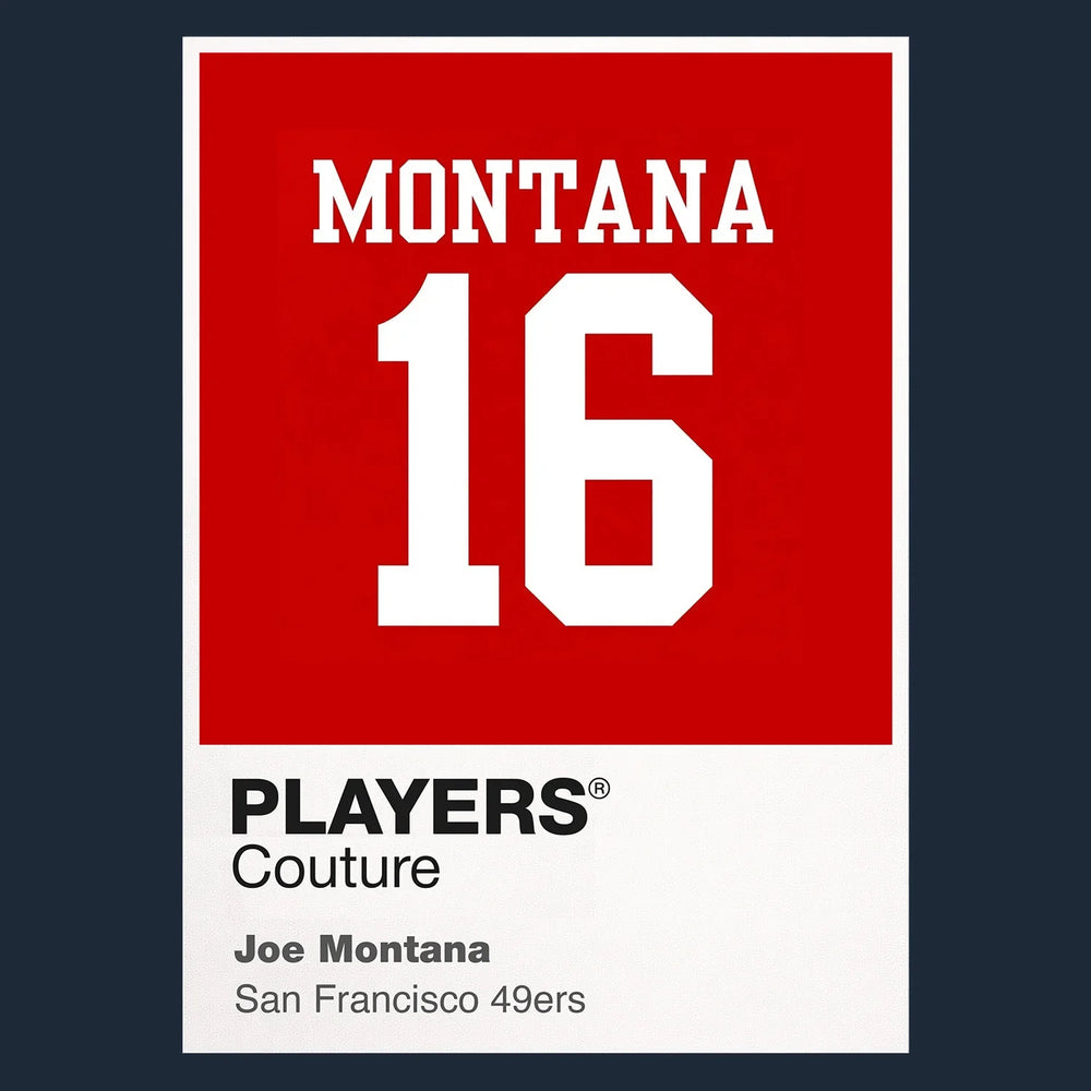 Joe Montana 16 Jersey Frame Men's T-Shirt – navy close-up detail shot of the Joe Montana 16 Players Couture logo design