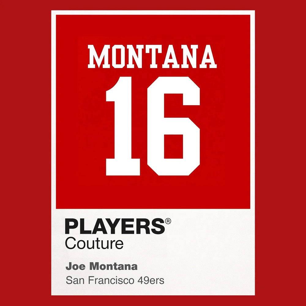 Joe Montana 16 Jersey Frame Men's T-Shirt – red close-up detail shot of the Joe Montana 16 Players Couture logo design