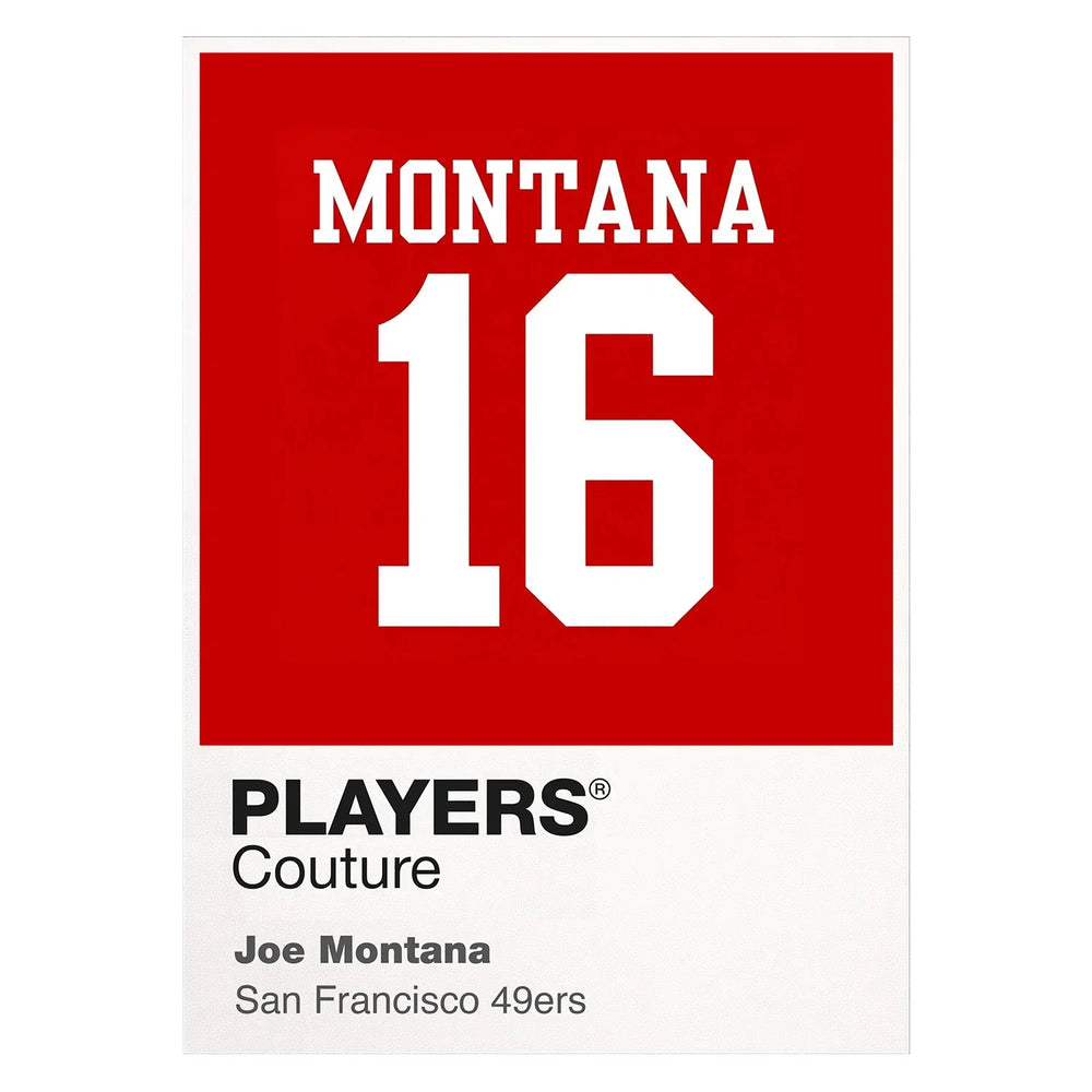 Joe Montana 16 Jersey Frame Men's T-Shirt – white close-up detail shot of the Joe Montana Players Couture logo design