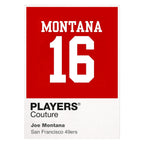 Joe Montana 16 Jersey Frame Men's T-Shirt – white close-up detail shot of the Joe Montana Players Couture logo design
