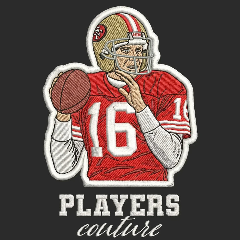 Joe Montana Badge Men's Hoodie – black close-up detail shot of the Joe Montana Players Couture logo design