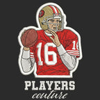 Joe Montana Badge Men's Hoodie – black close-up detail shot of the Joe Montana Players Couture logo design