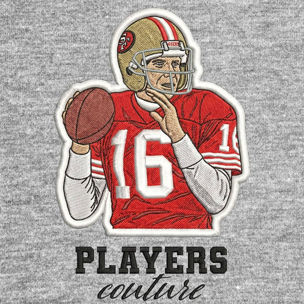 Joe Montana Badge Men's Hoodie – grey close-up detail shot of the Joe Montana Players Couture logo design