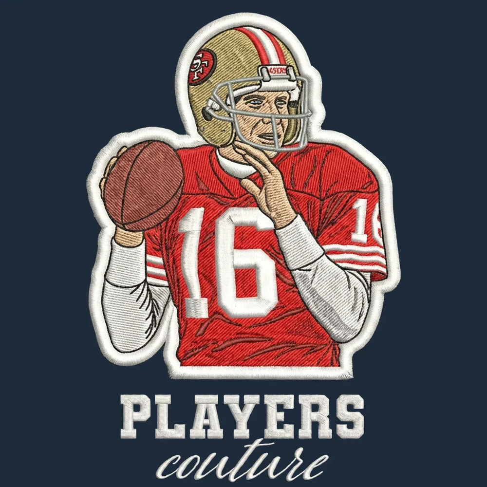 Joe Montana Badge Men's Hoodie – navy close-up detail shot of the Joe Montana Players Couture logo design