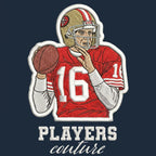 Joe Montana Badge Men's Hoodie – navy close-up detail shot of the Joe Montana Players Couture logo design