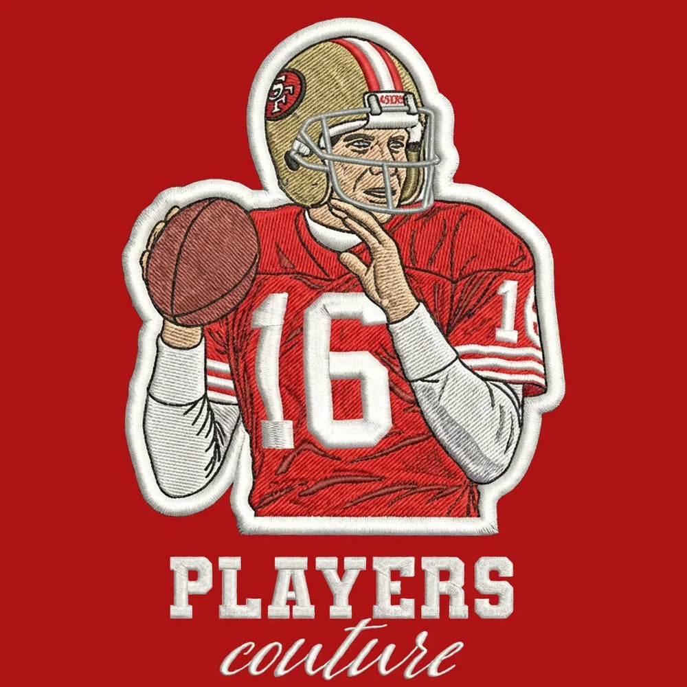 Joe Montana Badge Men's Hoodie – red close-up detail shot of the Joe Montana Players Couture logo design