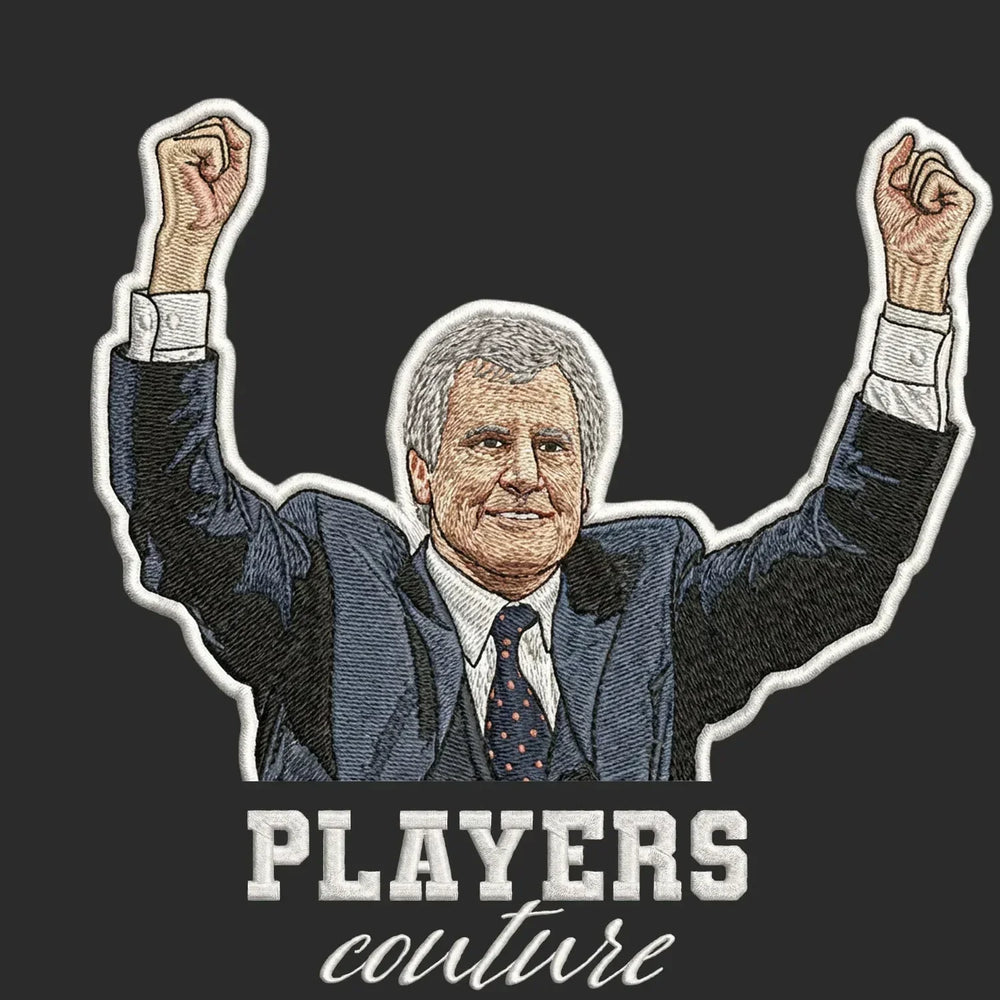 Joe Royle Badge Men's Hoodie – black close-up detail shot of the Joe Royle Players Couture logo design