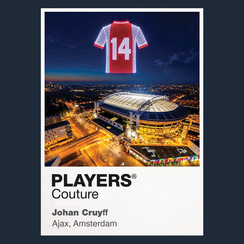 Johan Cruyff Ajax number 14 Icons in Lights Frame artwork in navy