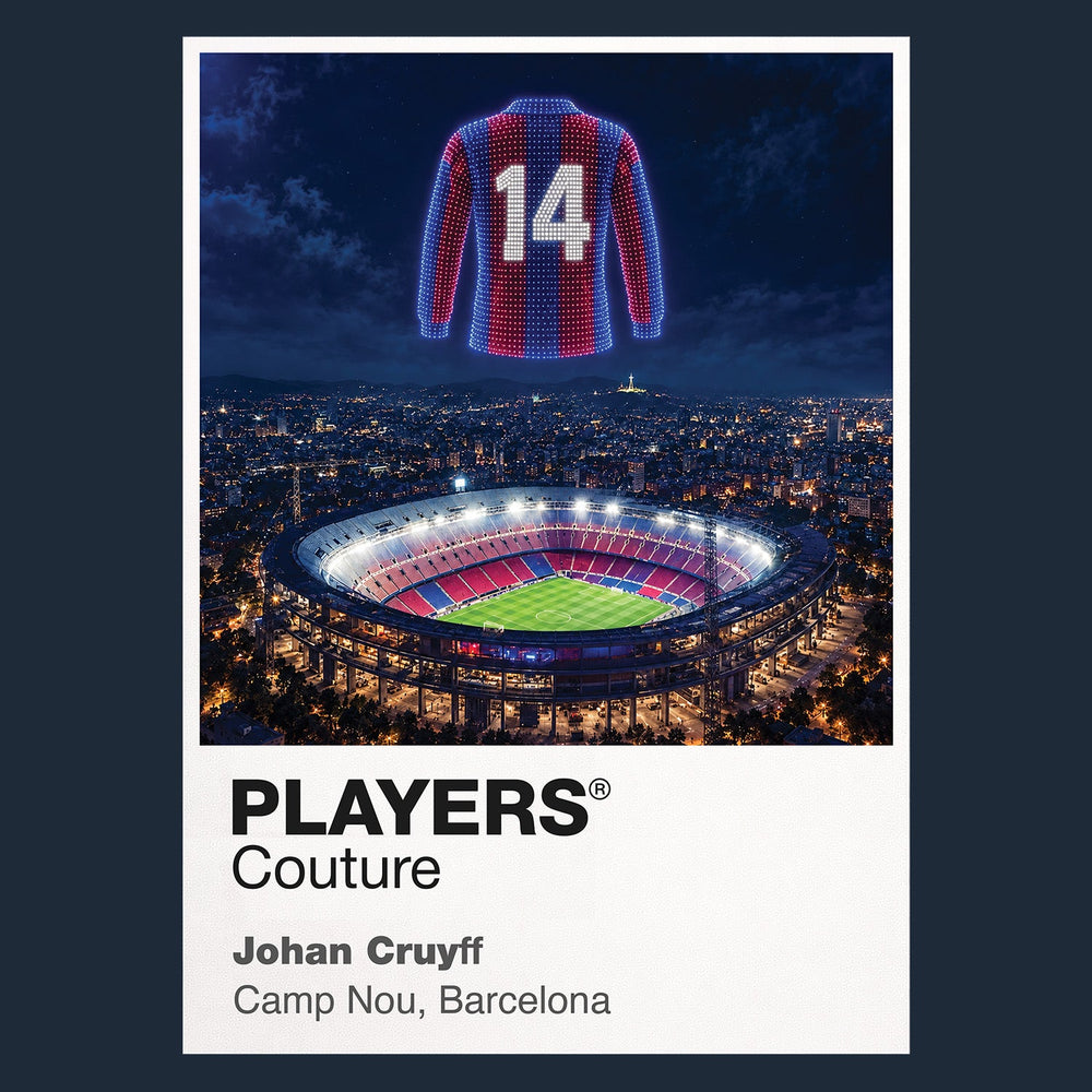 Johan Cruyff Barcelona number 14 Icons in Lights Frame artwork in navy