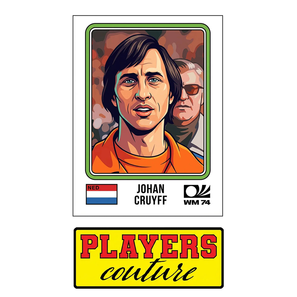 Johan Cruyff World Cup Sticker Men's T-Shirt – close-up detail shot of the Johan Cruyff World Cup Players Couture logo design