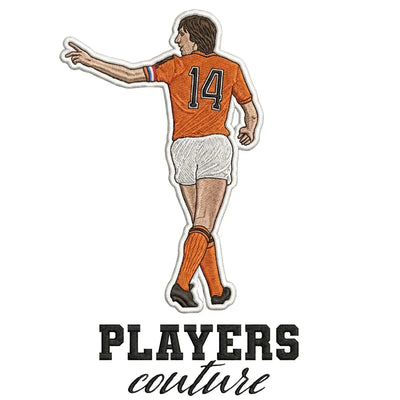 Johan Cruyff Badge Men's Hoodie – white close-up detail shot of the Johan Cruyff Players Couture logo design