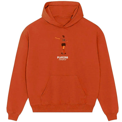 Johan Cruyff hoodie – orange men's hoodie with black Johan Cruyff letters and Players Couture logo on the chest
