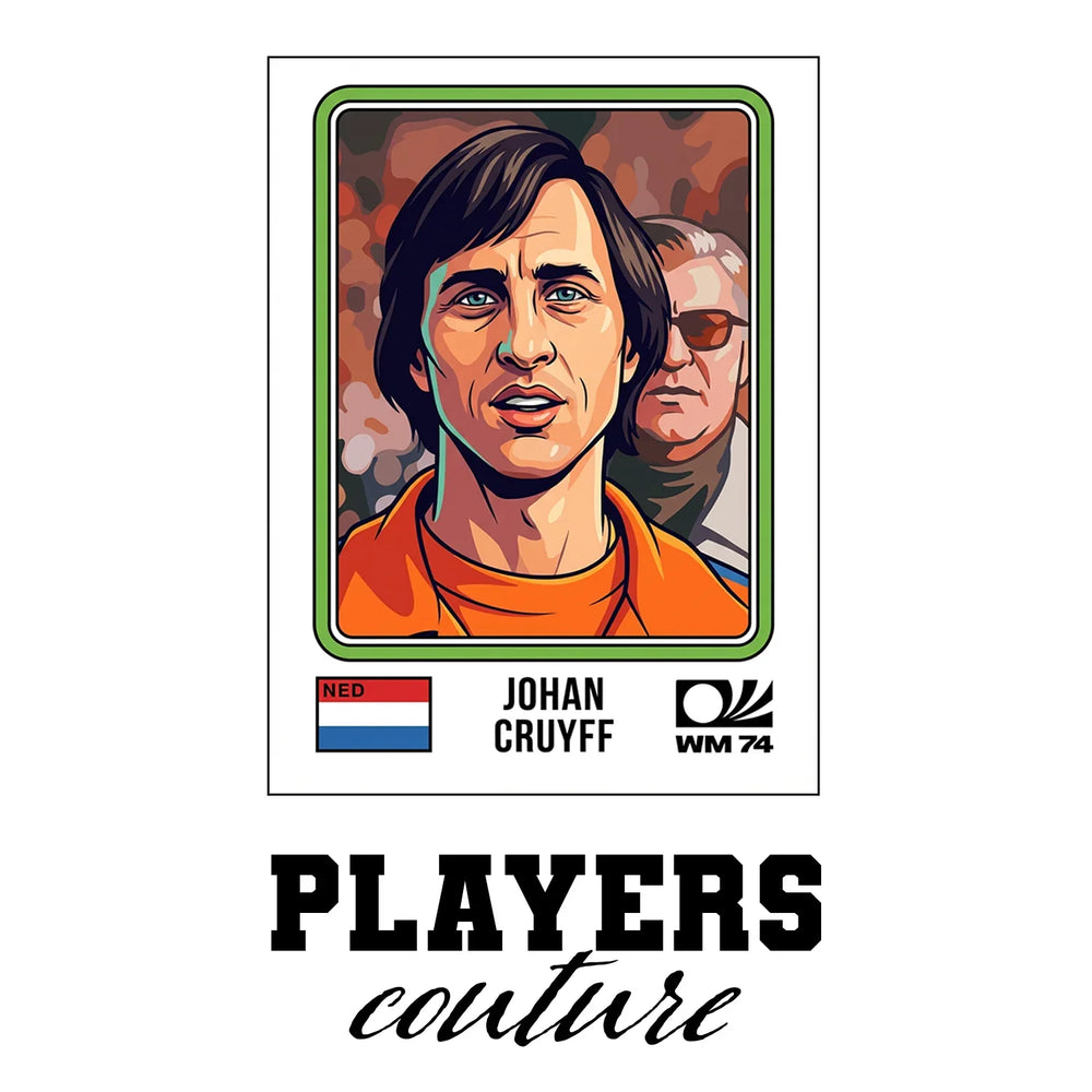 Johan Cruyff World Cup Sticker Men's T-Shirt – white close-up detail shot of the Johan Cruyff Players Couture logo design