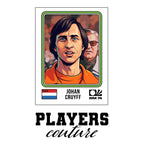 Johan Cruyff World Cup Sticker Men's T-Shirt – white close-up detail shot of the Johan Cruyff Players Couture logo design