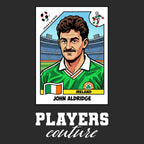 John Aldridge World Cup Sticker Men's T-Shirt – black close-up detail shot of the John Aldridge World Cup Players Couture