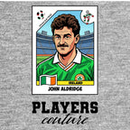 John Aldridge World Cup Sticker Men's T-Shirt – grey close-up detail shot of the John Aldridge World Cup Players Couture