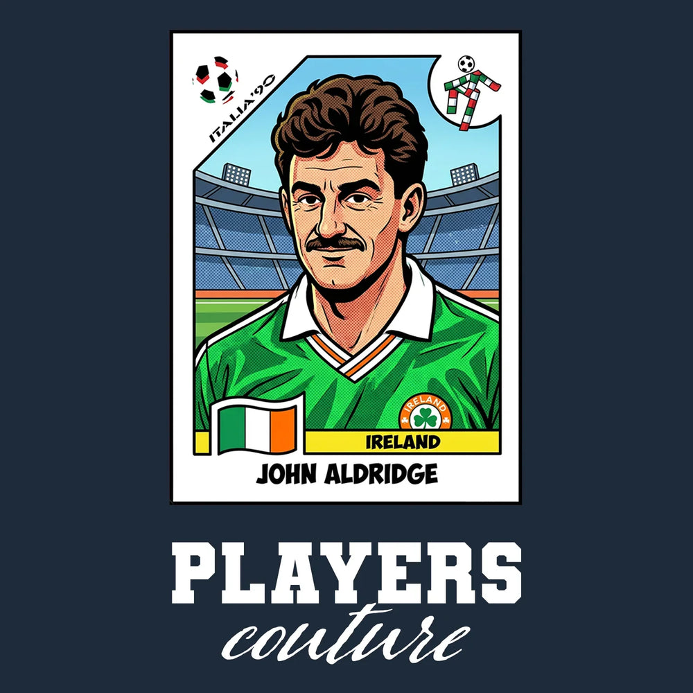 John Aldridge World Cup Sticker Men's T-Shirt – navy close-up detail shot of the John Aldridge World Cup Players Couture