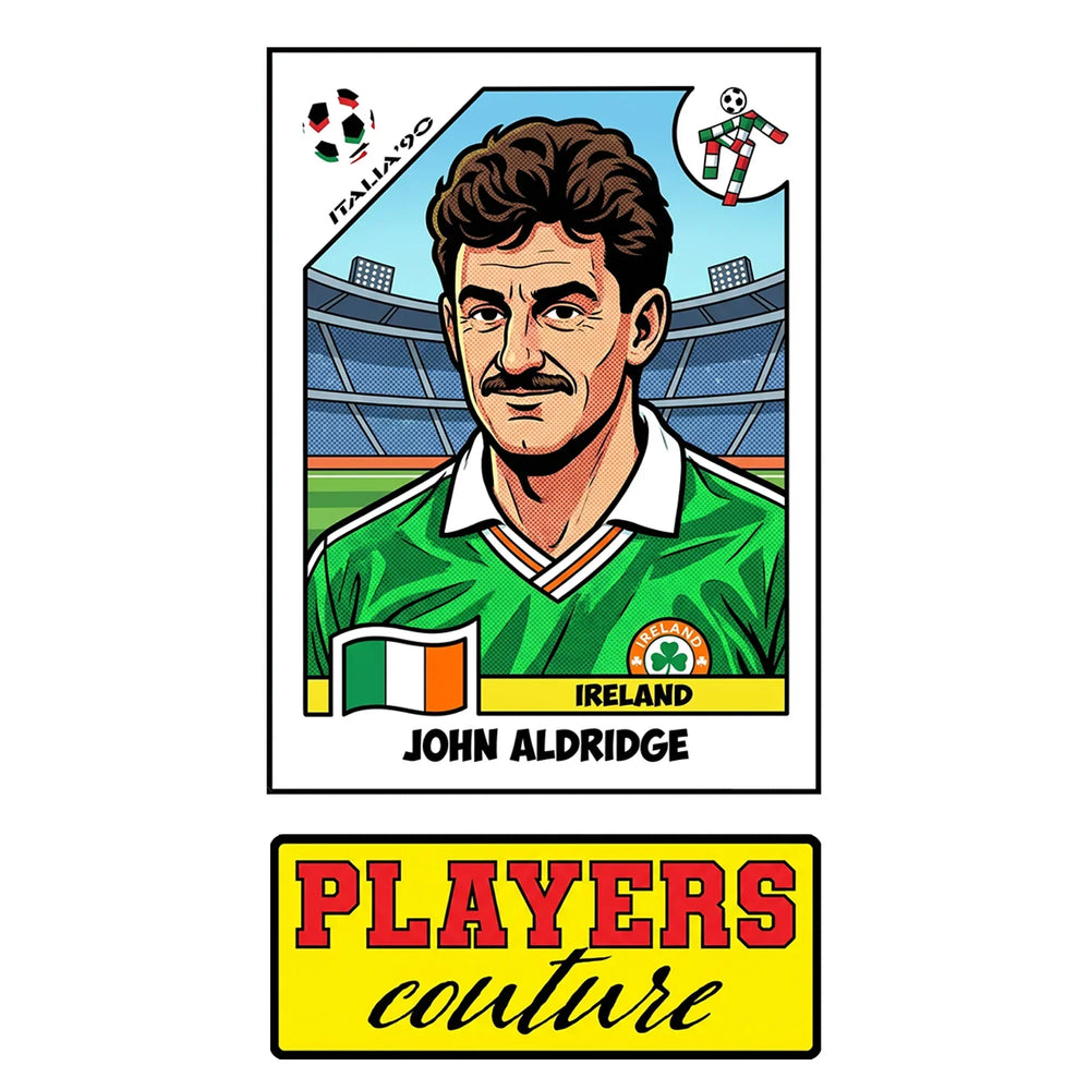 John Aldridge World Cup Sticker Men's T-Shirt – close-up detail shot of the John Aldridge World Cup Players Couture logo
