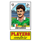 John Aldridge World Cup Sticker Men's T-Shirt – close-up detail shot of the John Aldridge World Cup Players Couture logo