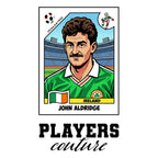 John Aldridge World Cup Sticker Men's T-Shirt – white close-up detail shot of the John Aldridge Players Couture logo design