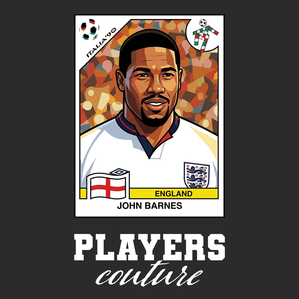 John Barnes World Cup Sticker Men's T-Shirt – black close-up detail shot of the John Barnes World Cup Players Couture logo