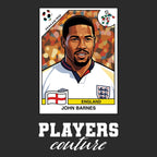 John Barnes World Cup Sticker Men's T-Shirt – black close-up detail shot of the John Barnes World Cup Players Couture logo