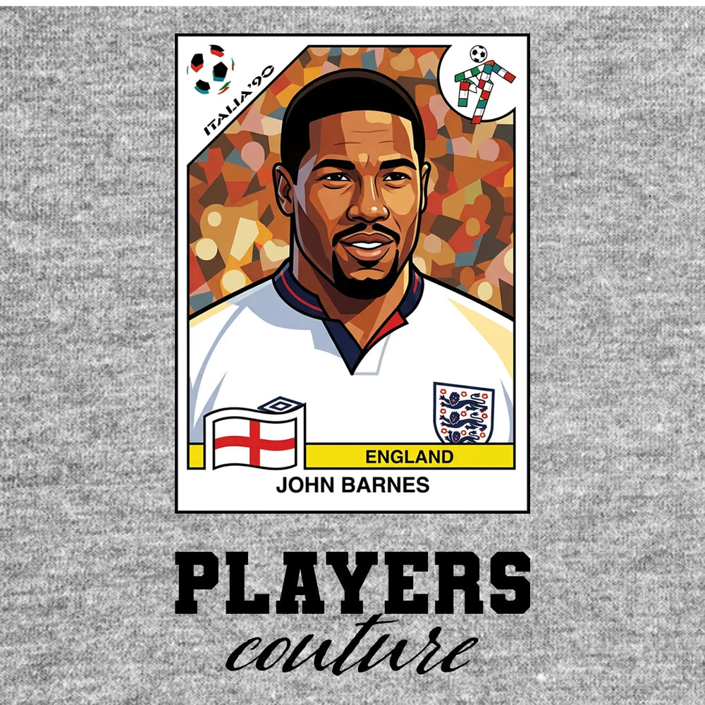 John Barnes World Cup Sticker Men's T-Shirt – grey close-up detail shot of the John Barnes World Cup Players Couture logo
