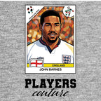 John Barnes World Cup Sticker Men's T-Shirt – grey close-up detail shot of the John Barnes World Cup Players Couture logo