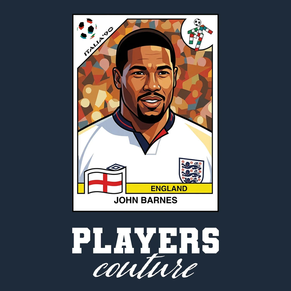 John Barnes World Cup Sticker Men's T-Shirt – navy close-up detail shot of the John Barnes World Cup Players Couture logo