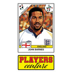 John Barnes World Cup Sticker Men's T-Shirt – close-up detail shot of the John Barnes World Cup Players Couture logo design