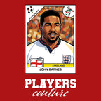 John Barnes World Cup Sticker Men's T-Shirt – red close-up detail shot of the John Barnes World Cup Players Couture logo