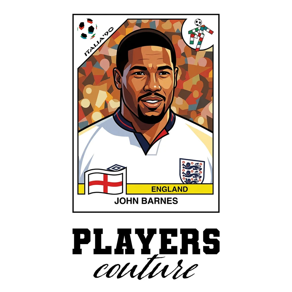 John Barnes World Cup Sticker Men's T-Shirt – white close-up detail shot of the John Barnes Players Couture logo design