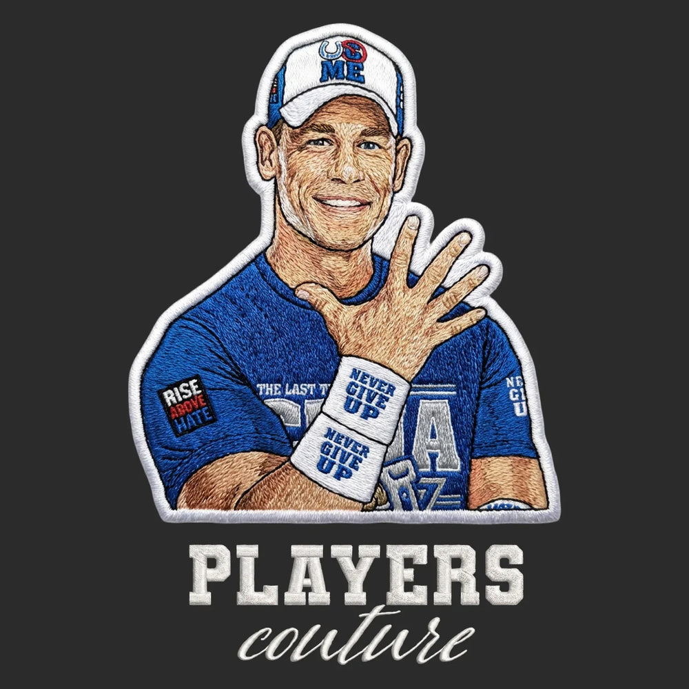 John Cena Badge Men's Hoodie – white close-up detail shot of the John Cena Players Couture logo design