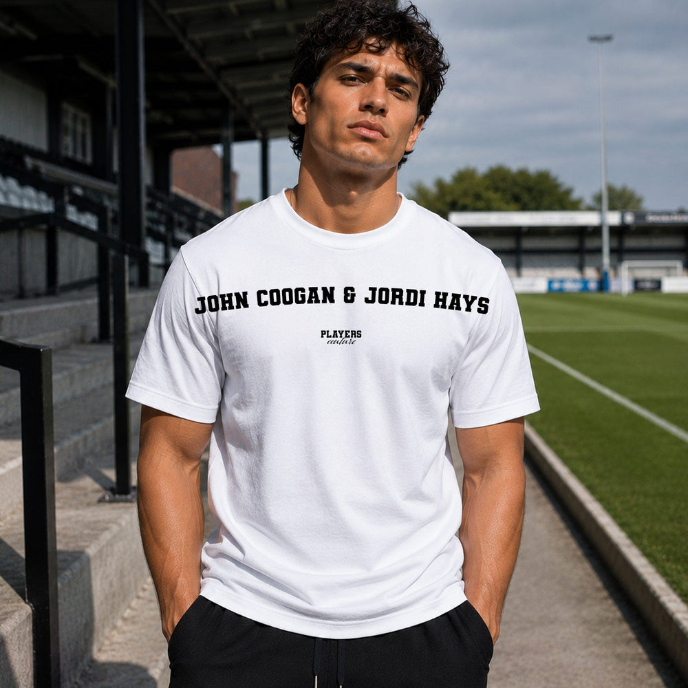 John Coogan & Jordi Hays white men's T-shirt lifestyle photograph