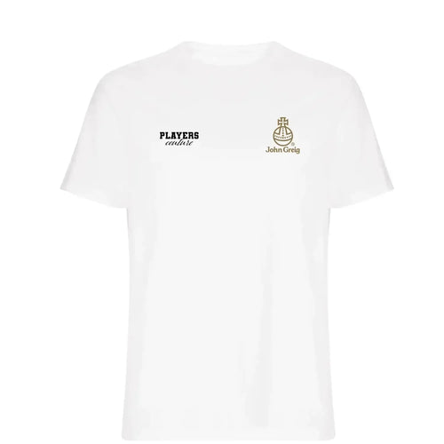 John Greig t-shirt – white men's t-shirt featuring the John Greig Players Couture logo