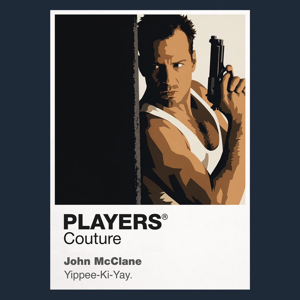 John McClane John McClane in white vest with service pistol and radio inside Nakatomi Plaza Icon Frame artwork in navy