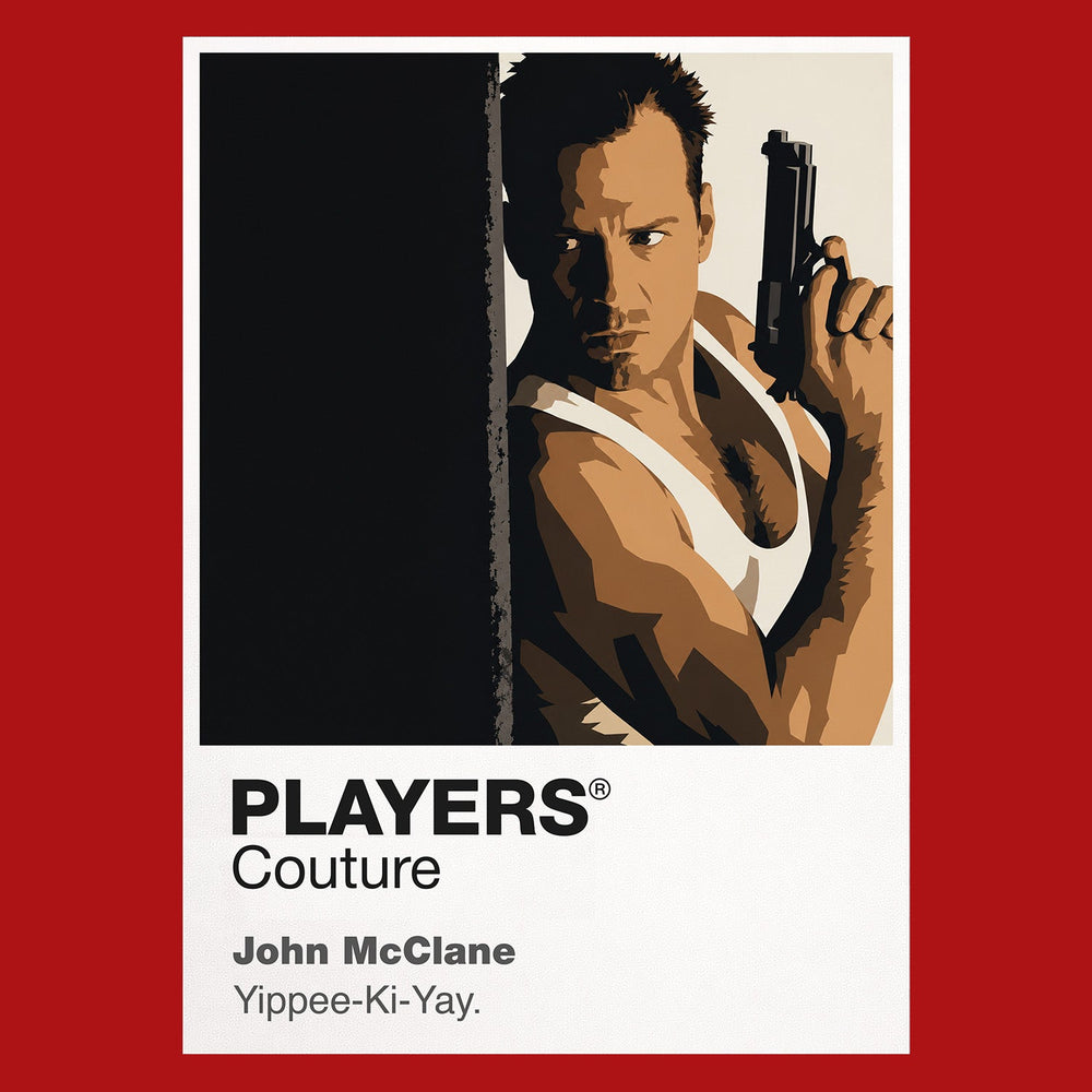 John McClane John McClane in white vest with service pistol and radio inside Nakatomi Plaza Icon Frame artwork in red